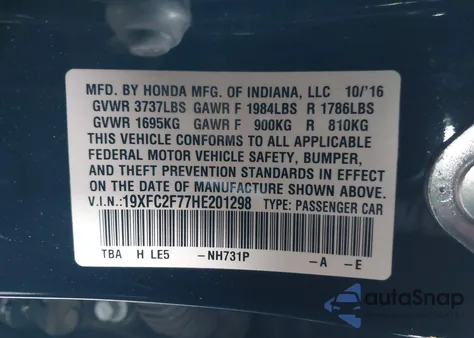 2017 Honda Civic Ex из США, поврежденный, VIN 19XFC2F77HE201298